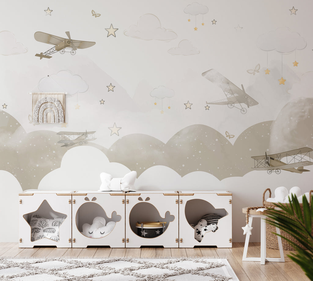 Vintage Airplane Wallpaper : Clouds and Stars Nursery Mural - View 4