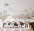 Vintage Airplane Wallpaper : Clouds and Stars Nursery Mural - View 4