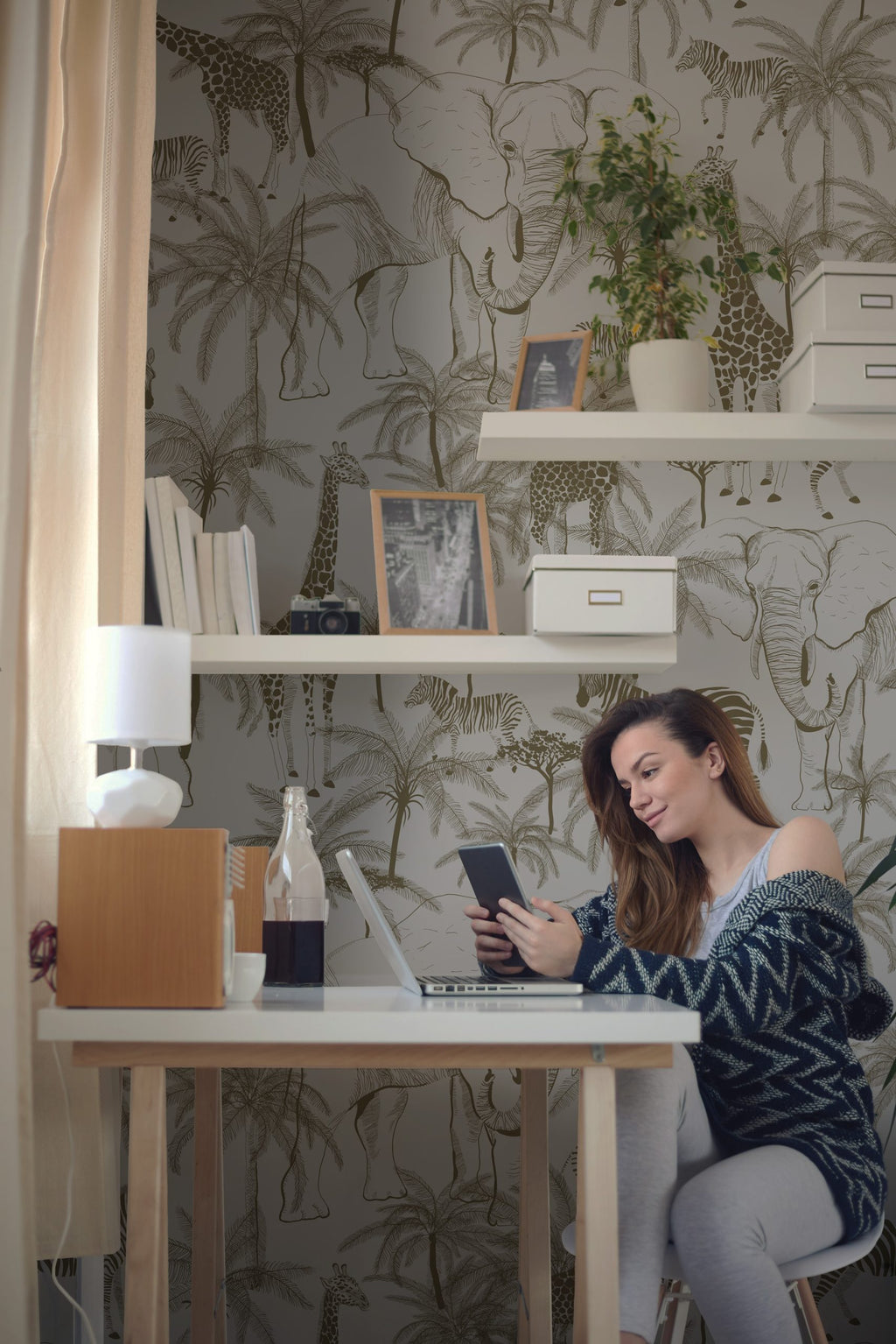 Minimalist Safari Wallpaper : Grey Giraffe and Palm Toile Mural - View 2