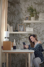 Minimalist Safari Wallpaper : Grey Giraffe and Palm Toile Mural - View 2