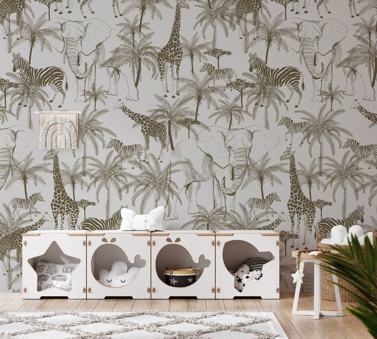 Minimalist Safari Wallpaper : Grey Giraffe and Palm Toile Mural - View 3