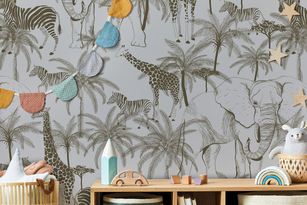 Minimalist Safari Wallpaper : Grey Giraffe and Palm Toile Mural