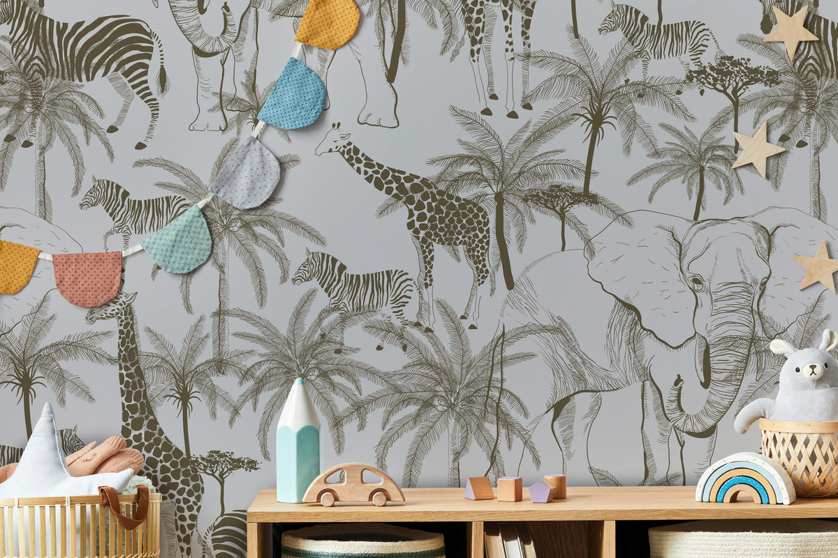 Minimalist Safari Wallpaper : Grey Giraffe and Palm Toile Mural