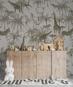Minimalist Safari Wallpaper : Grey Giraffe and Palm Toile Mural - View 4
