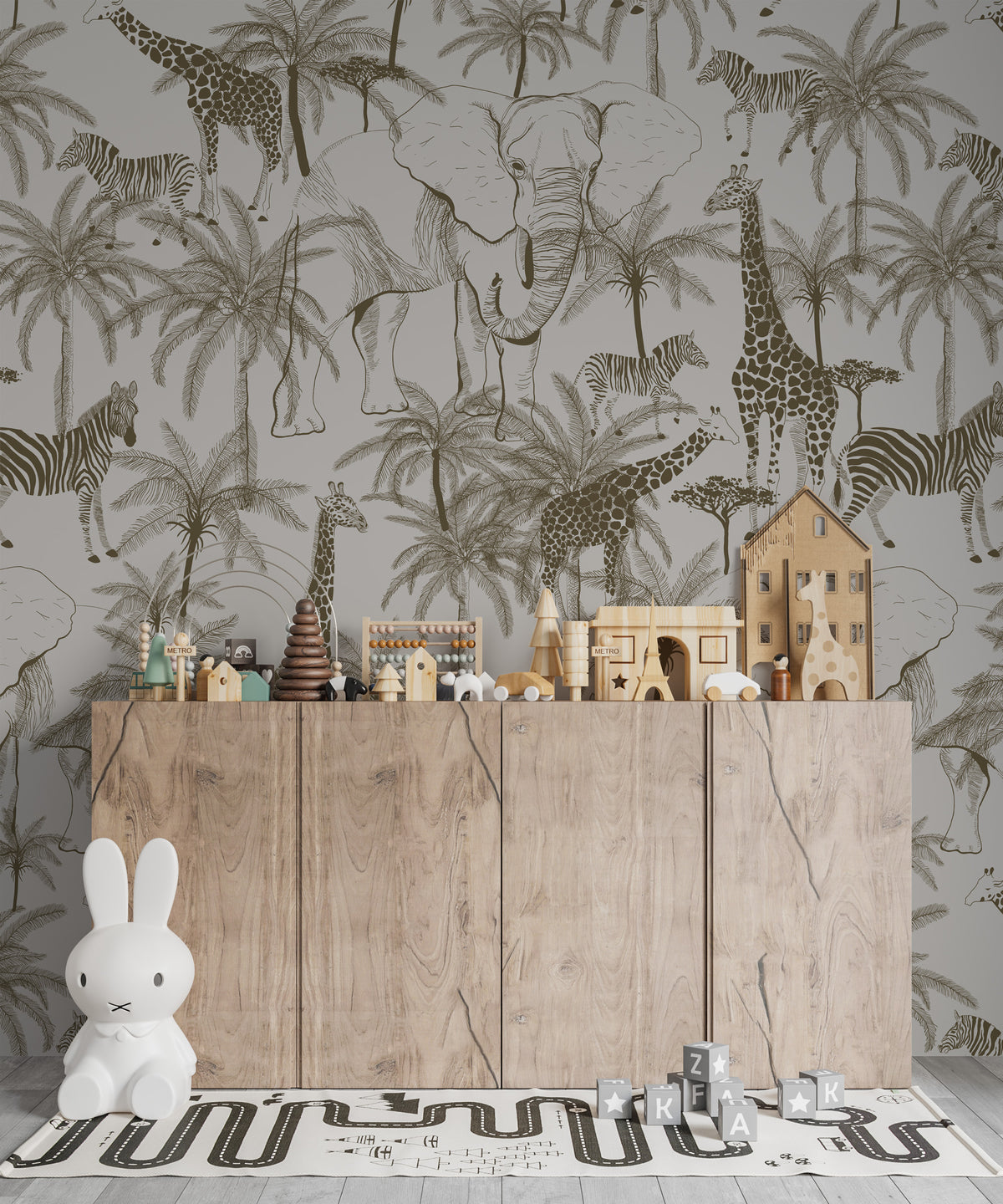 Minimalist Safari Wallpaper : Grey Giraffe and Palm Toile Mural - View 4
