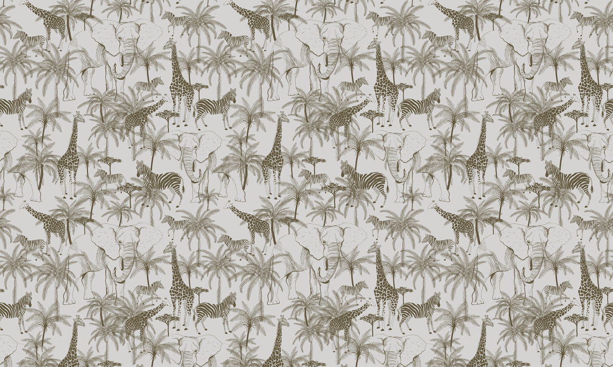 Minimalist Safari Wallpaper : Grey Giraffe and Palm Toile Mural - flat design