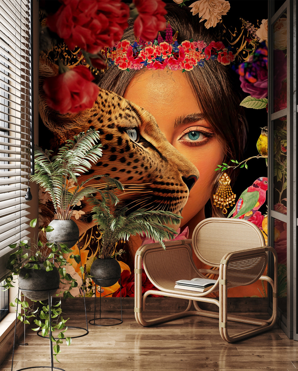 Leopard and Woman Wallpaper : Floral Fashion Art Mural