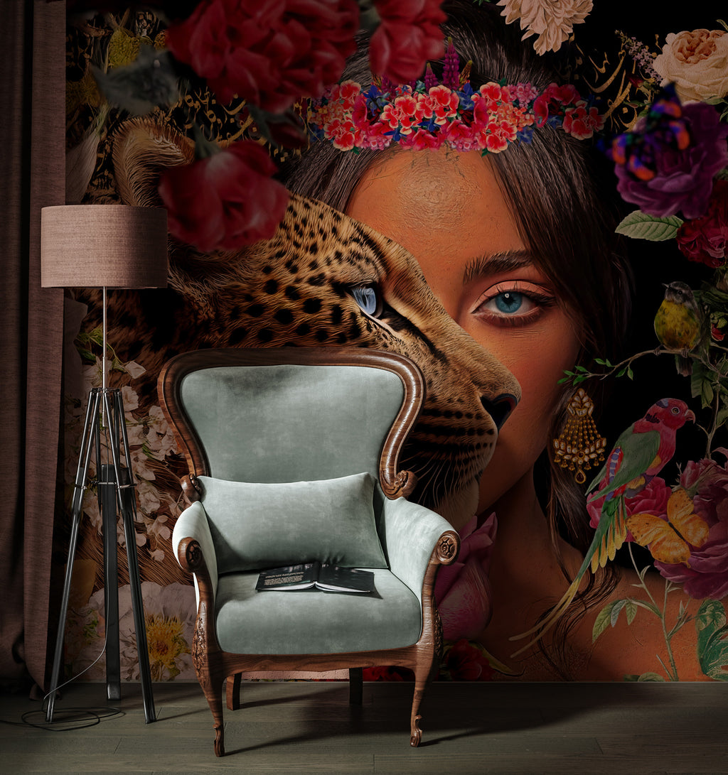 Leopard and Woman Wallpaper : Floral Fashion Art Mural - View 2
