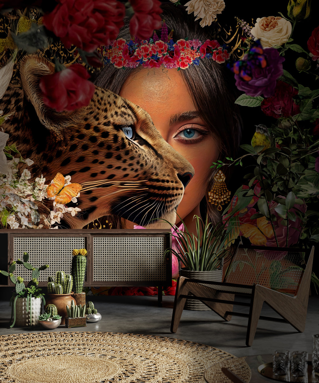 Leopard and Woman Wallpaper : Floral Fashion Art Mural - View 3