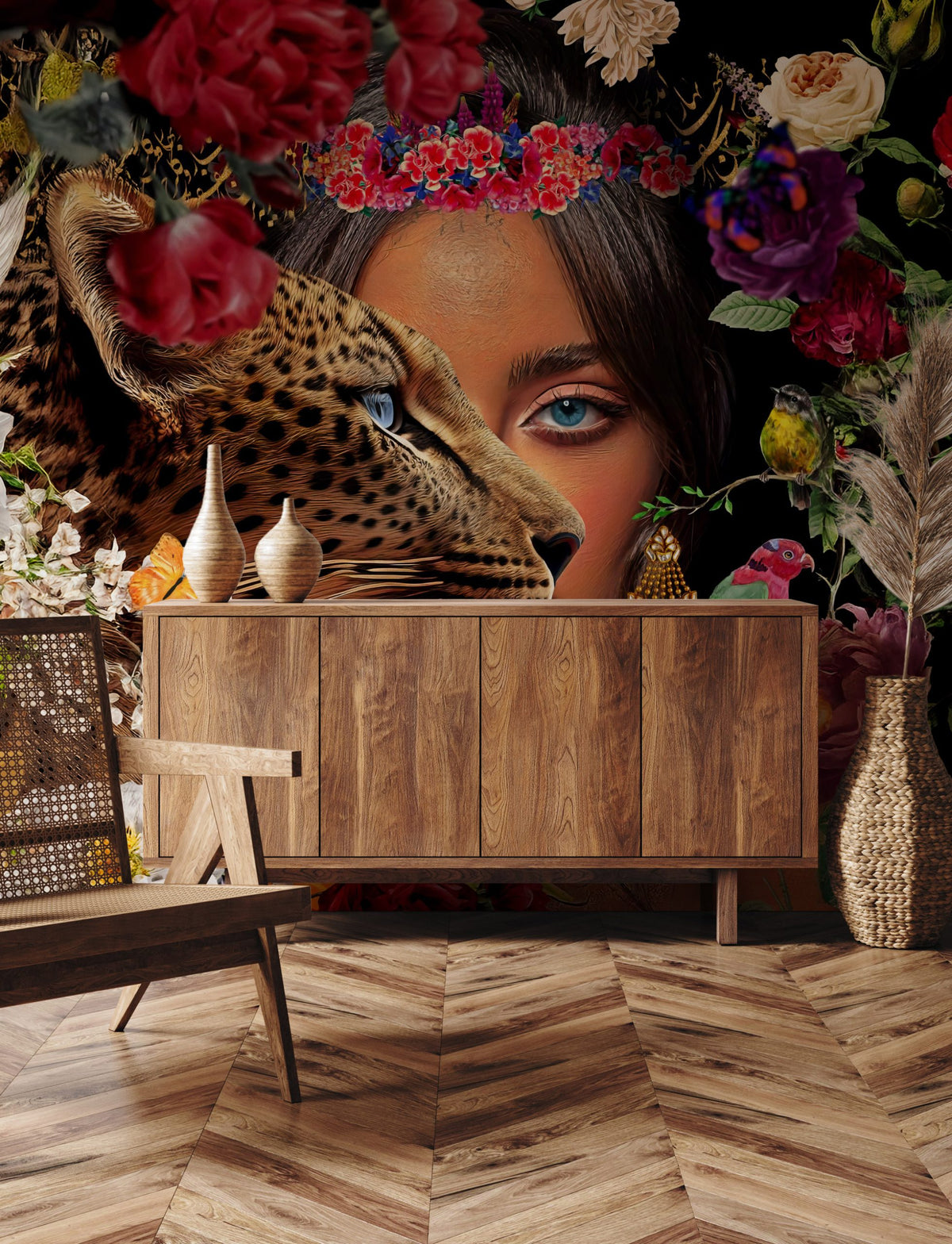 Leopard and Woman Wallpaper : Floral Fashion Art Mural - View 4