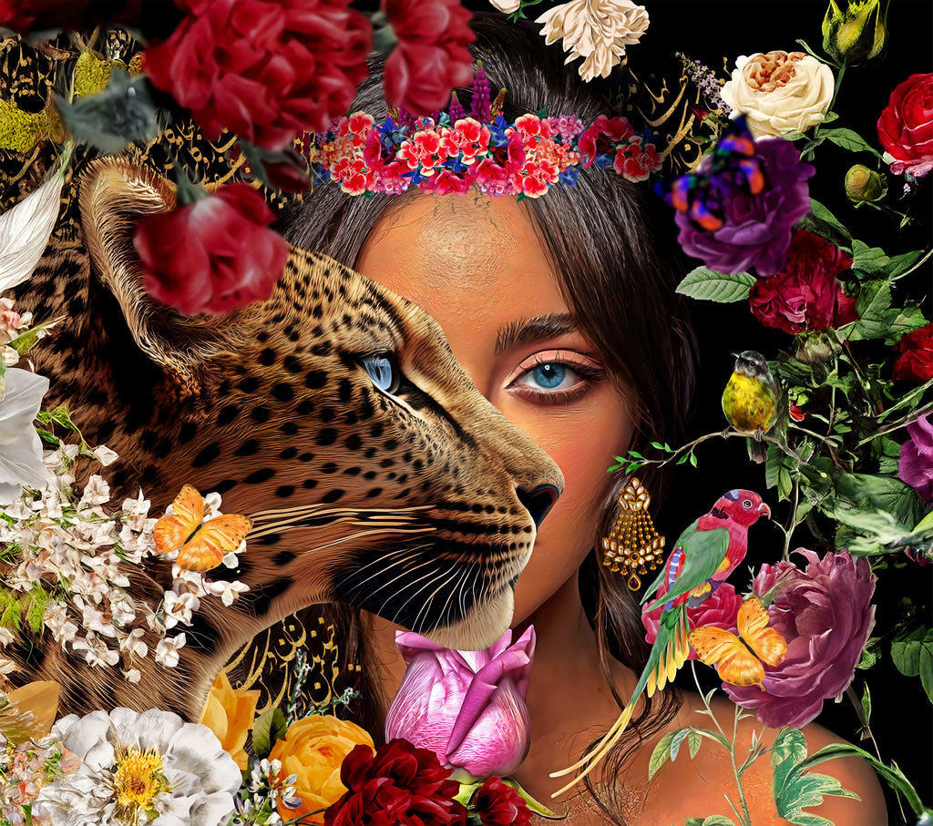 Leopard and Woman Wallpaper : Floral Fashion Art Mural - flat design