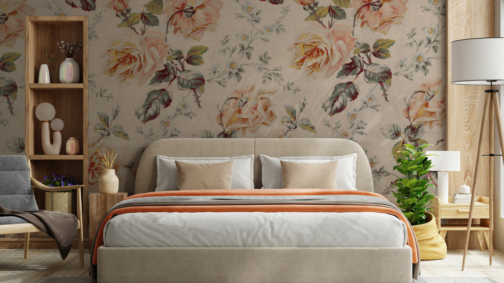 Vintage Rose Wallpaper : Peach and Yellow Floral Pattern Mural - View 2