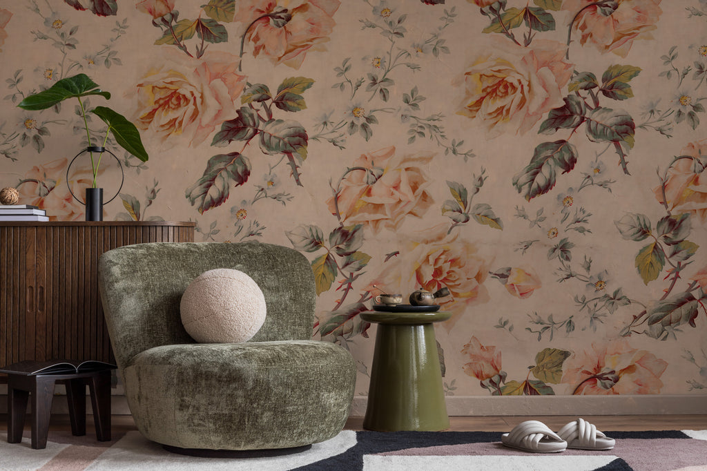 Vintage Rose Wallpaper : Peach and Yellow Floral Pattern Mural - View 3