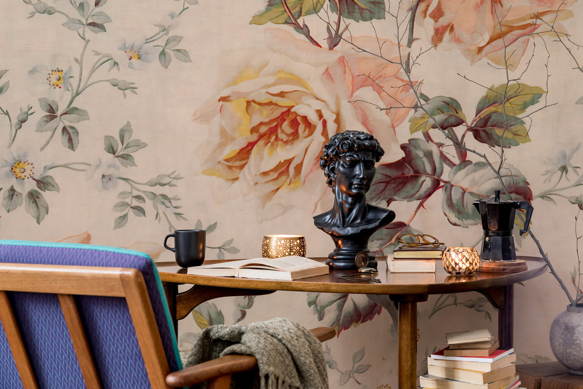 Vintage Rose Wallpaper : Peach and Yellow Floral Pattern Mural - View 4
