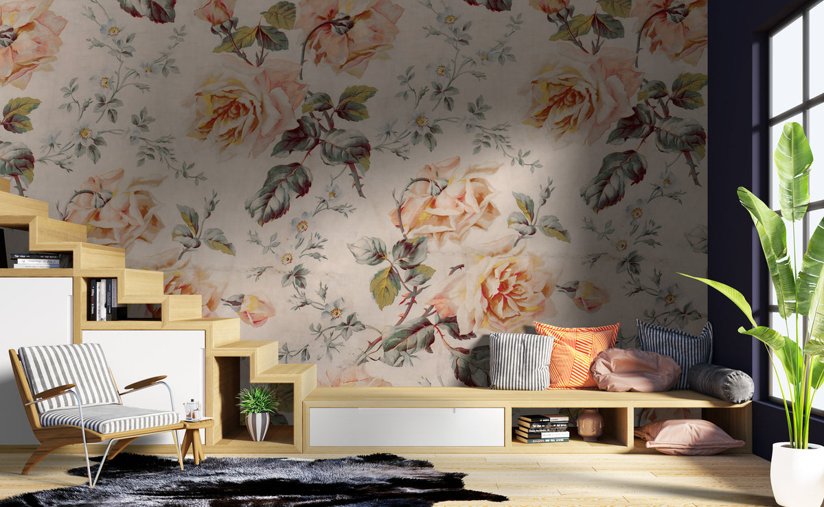 Vintage Rose Wallpaper : Peach and Yellow Floral Pattern Mural