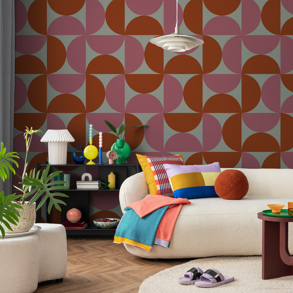 Retro Geometric Wallpaper : Pink and Orange Quarter Circle Pattern Mural