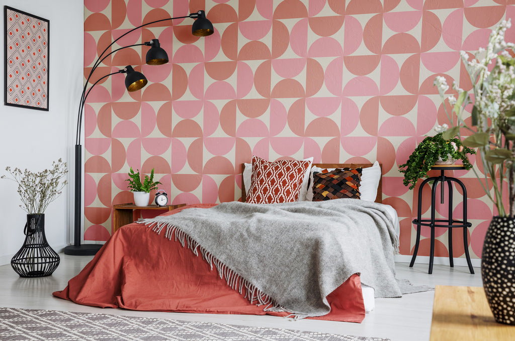 Retro Geometric Wallpaper : Pink and Orange Quarter Circle Pattern Mural - View 5
