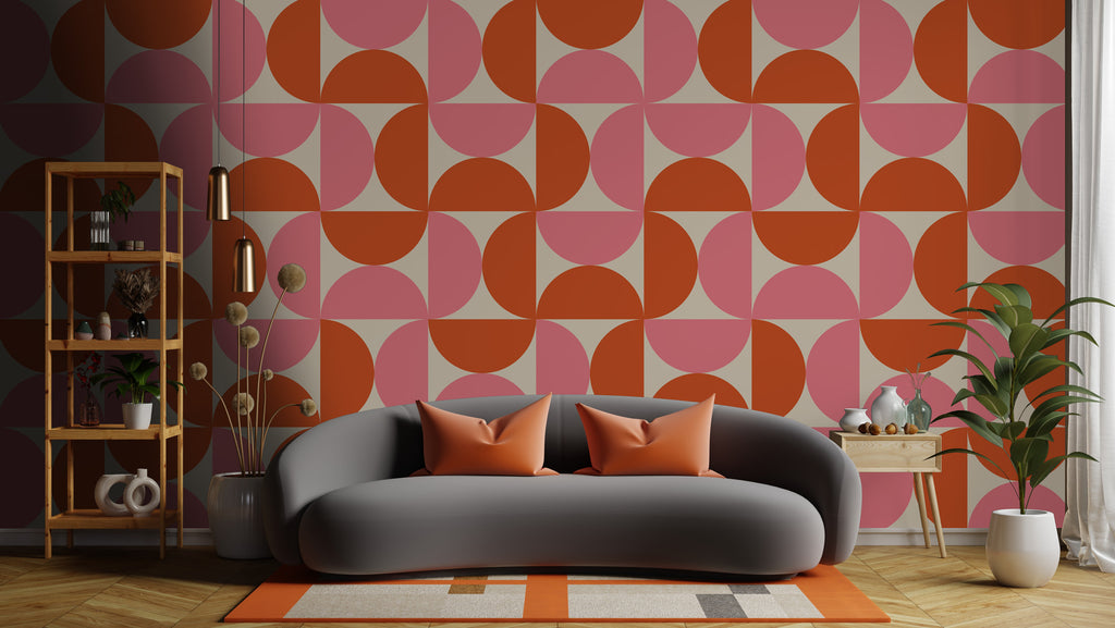 Retro Geometric Wallpaper : Pink and Orange Quarter Circle Pattern Mural - View 3