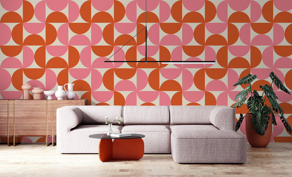 Retro Geometric Wallpaper : Pink and Orange Quarter Circle Pattern Mural - View 4