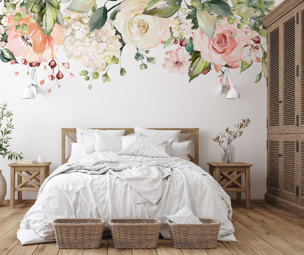 Hanging Rose Wallpaper : Watercolor Floral Border Mural