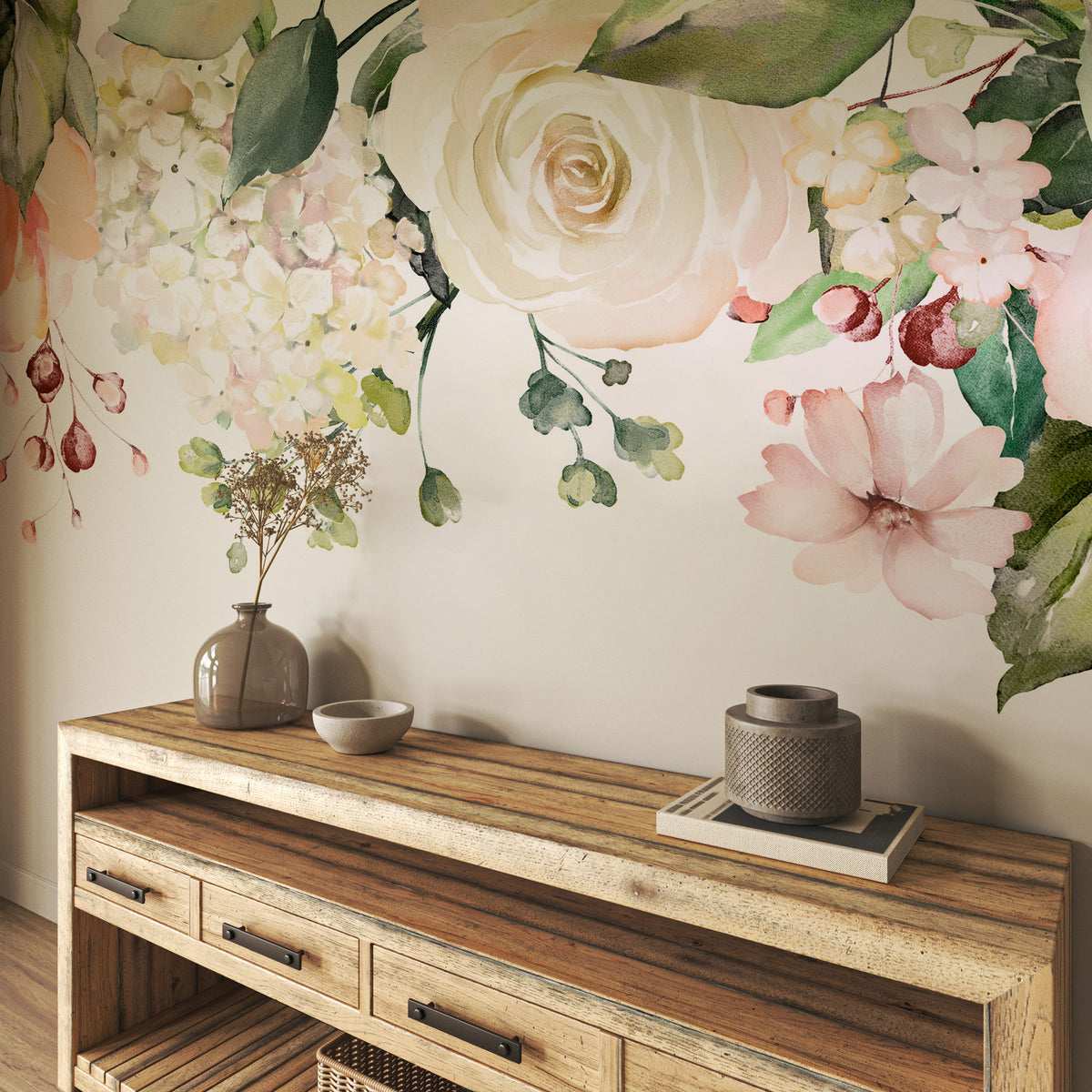 Hanging Rose Wallpaper : Watercolor Floral Border Mural - View 2