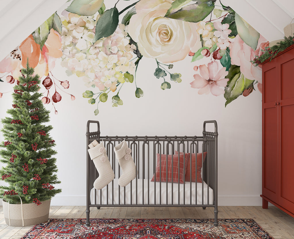 Hanging Rose Wallpaper : Watercolor Floral Border Mural - View 5