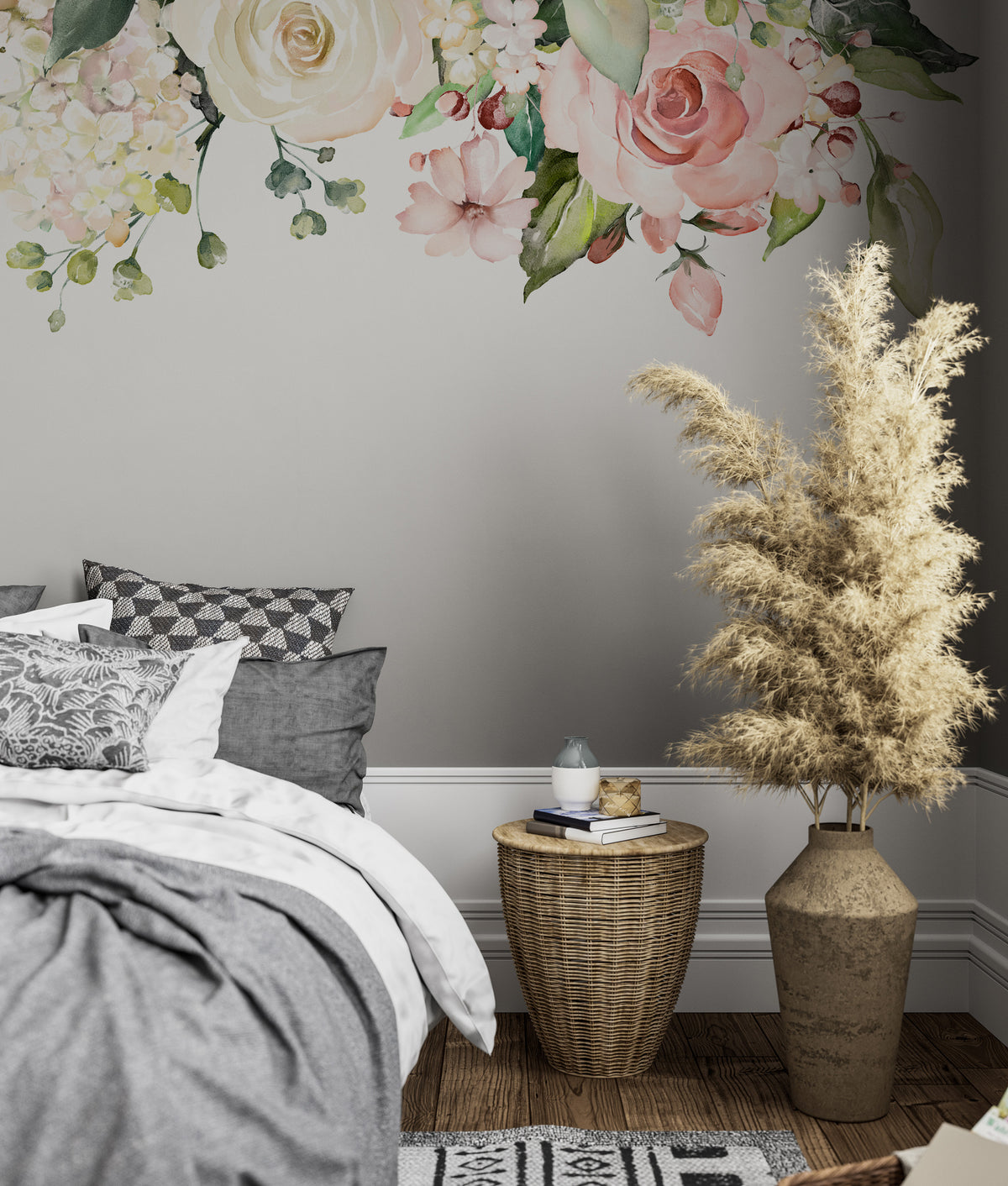 Hanging Rose Wallpaper : Watercolor Floral Border Mural - View 4