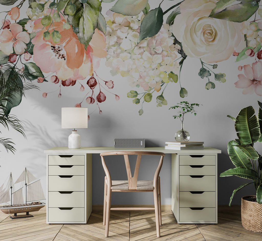 Hanging Rose Wallpaper : Watercolor Floral Border Mural - View 3