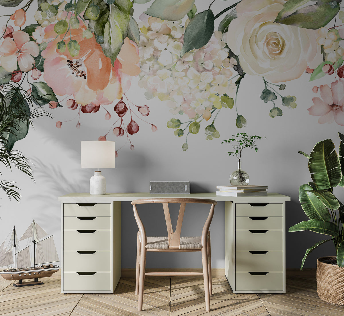 Hanging Rose Wallpaper : Watercolor Floral Border Mural - View 3