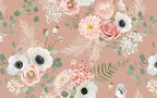 Blush Floral Wallpaper : Roses, Anemones and Pampas Mural - flat design
