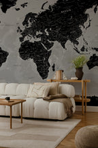 Black World Map Wallpaper : Detailed Grey Atlas Mural - View 2