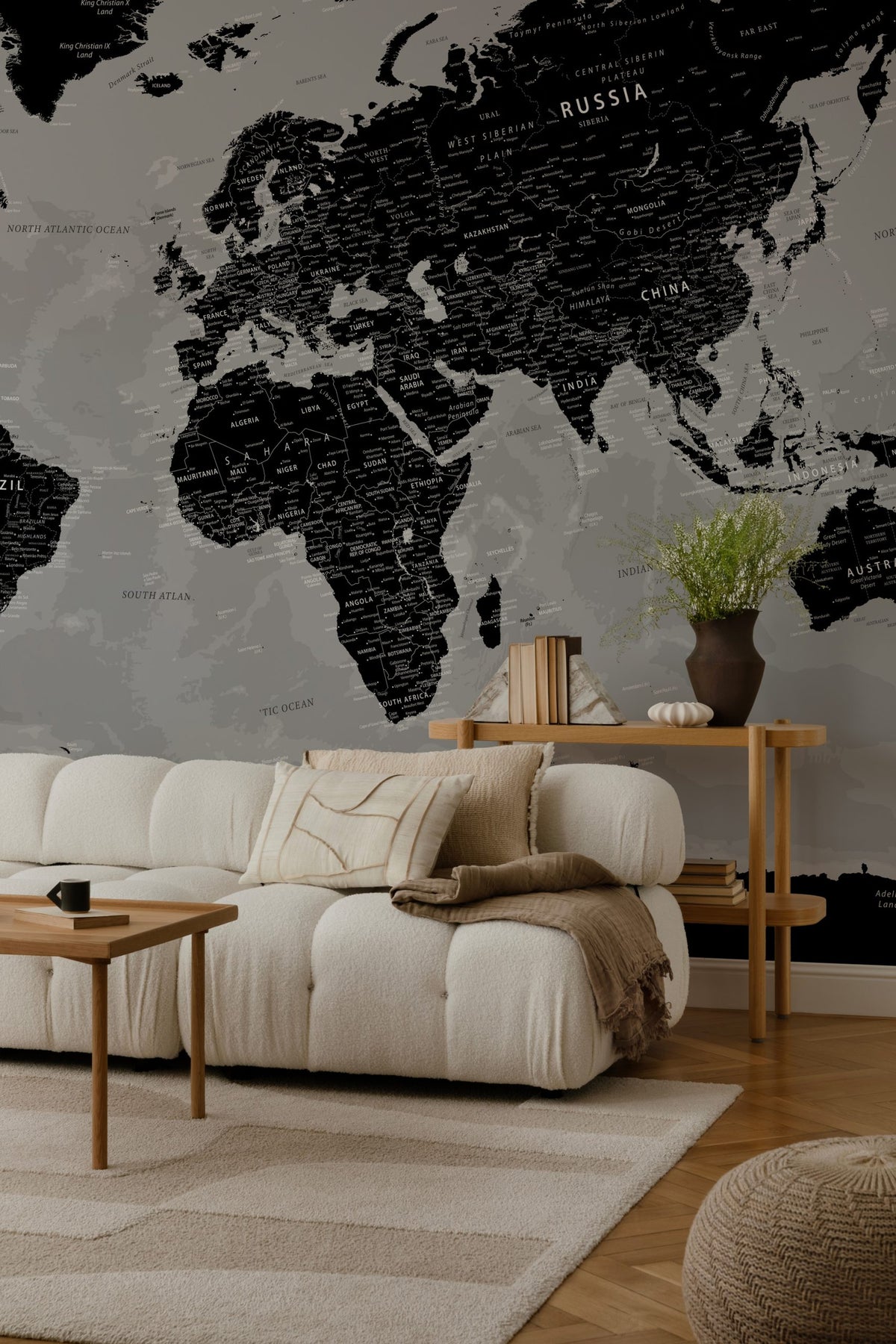 Black World Map Wallpaper : Detailed Grey Atlas Mural - View 2