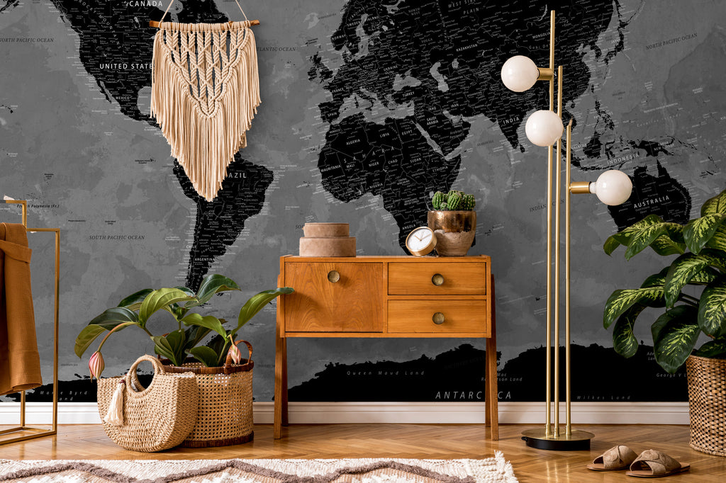 Black World Map Wallpaper : Detailed Grey Atlas Mural - View 3