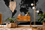 Black World Map Wallpaper : Detailed Grey Atlas Mural - View 3