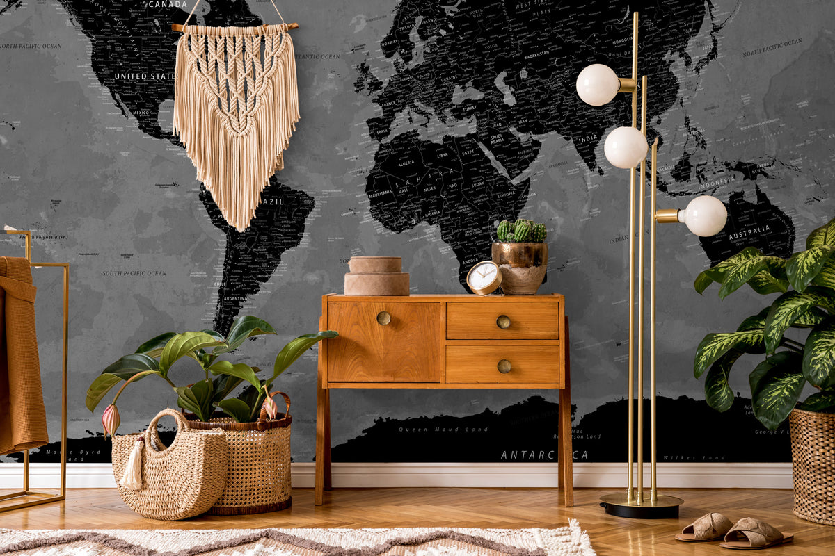 Black World Map Wallpaper : Detailed Grey Atlas Mural - View 3