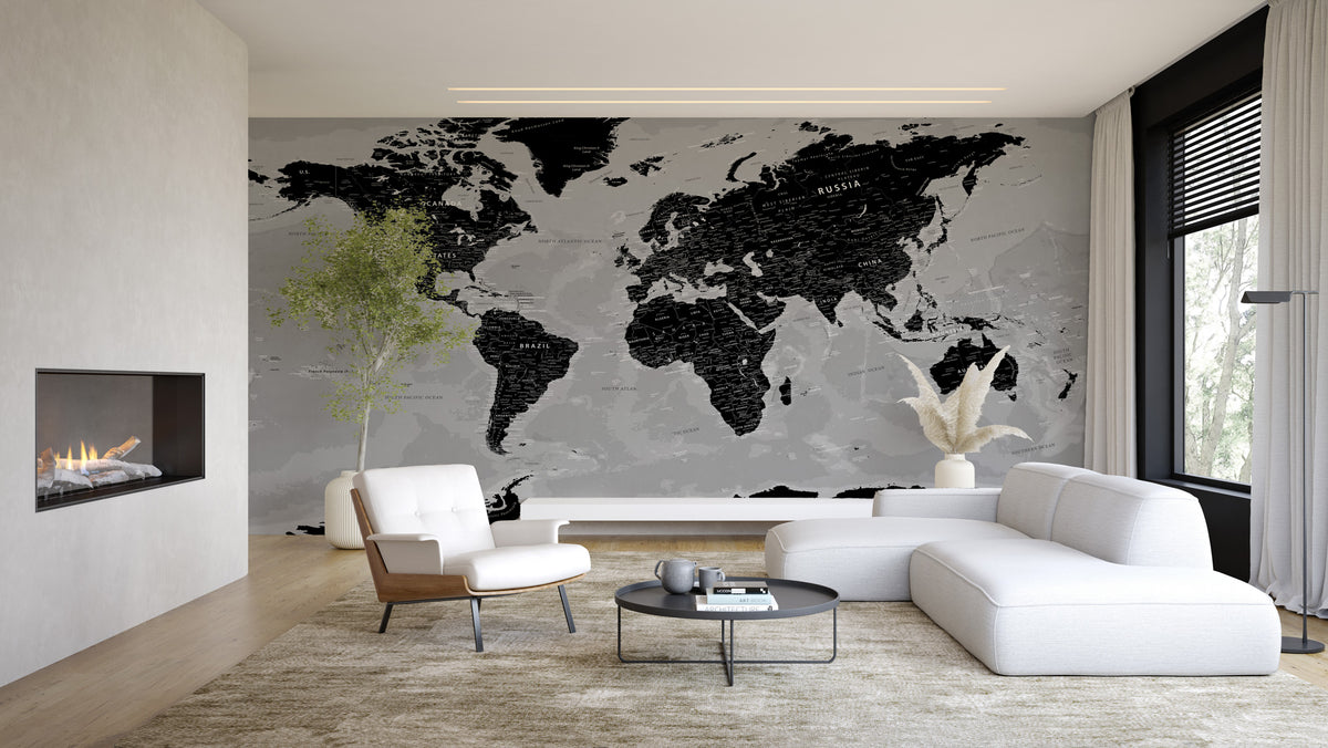 Black World Map Wallpaper : Detailed Grey Atlas Mural