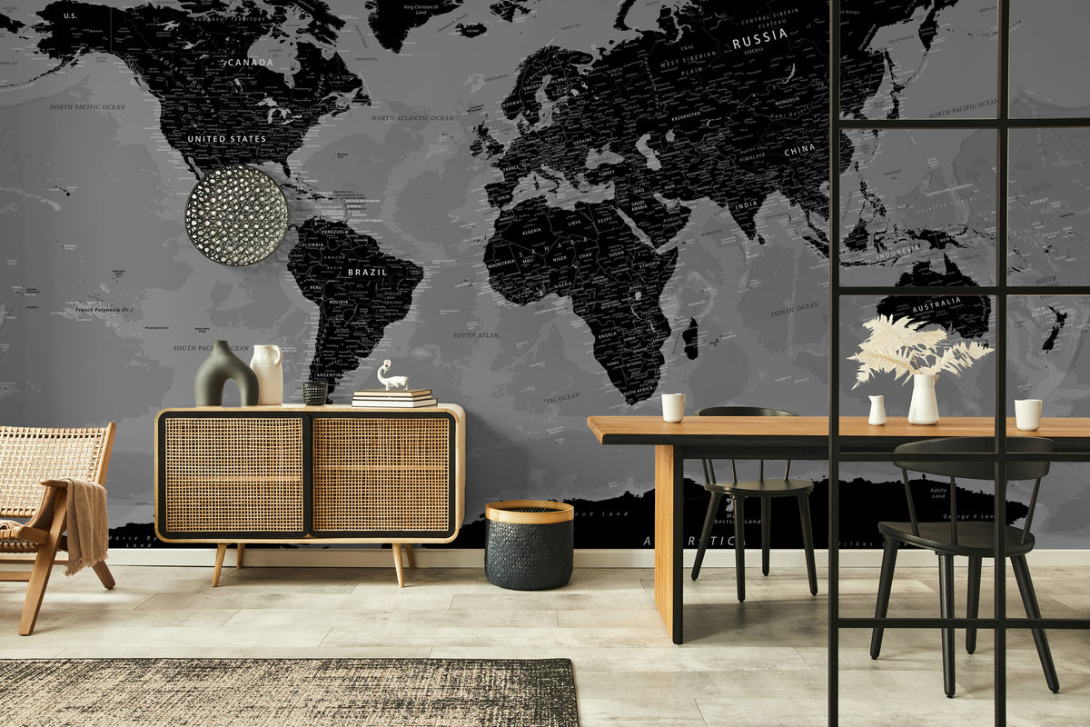 Black World Map Wallpaper : Detailed Grey Atlas Mural - View 4