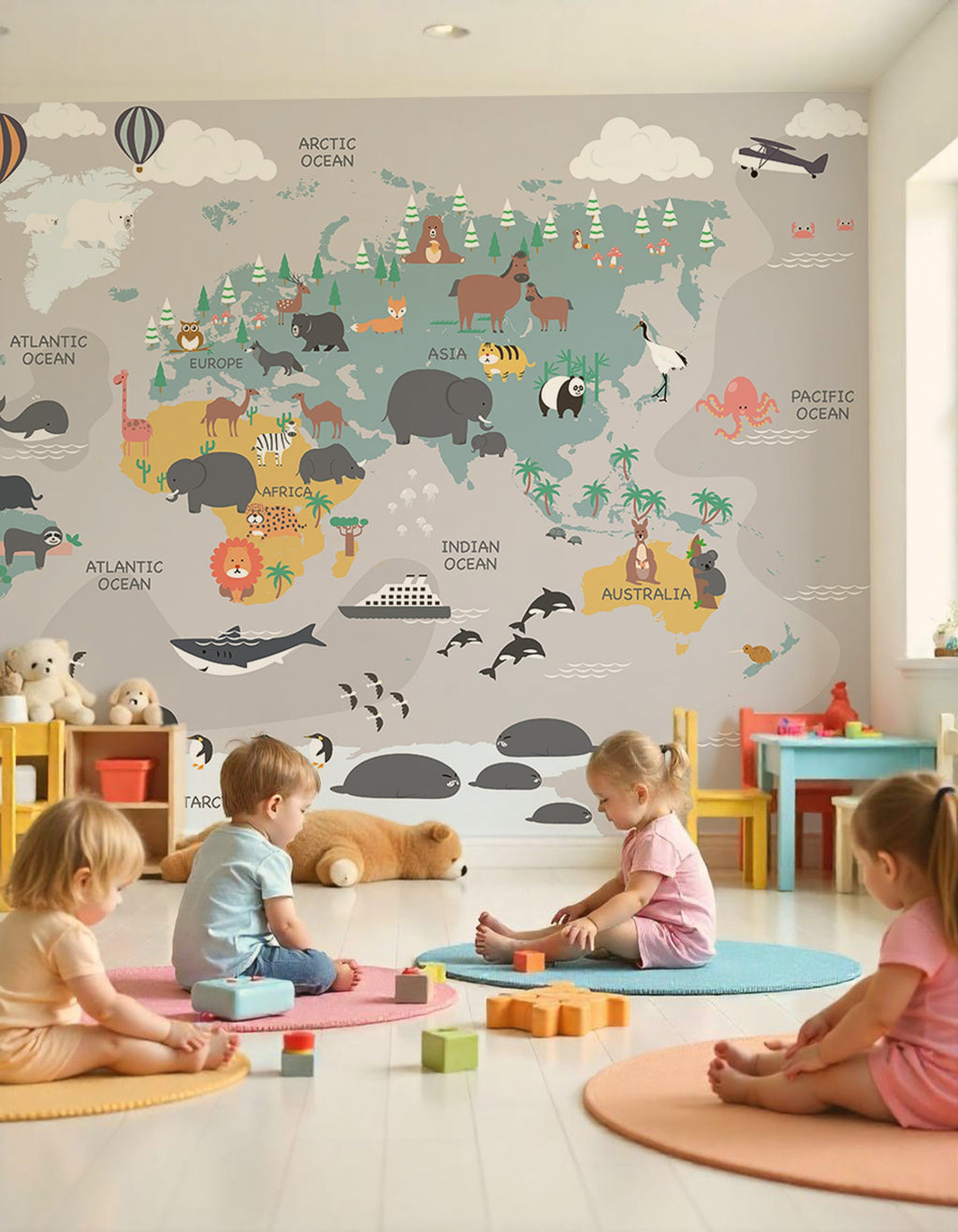 Animal World Map Wallpaper : Grey Kids Map with Penguins Mural