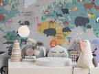 Animal World Map Wallpaper : Grey Kids Map with Penguins Mural - View 3