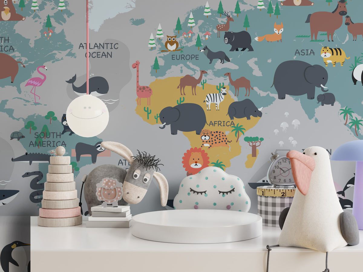 Animal World Map Wallpaper : Grey Kids Map with Penguins Mural - View 3