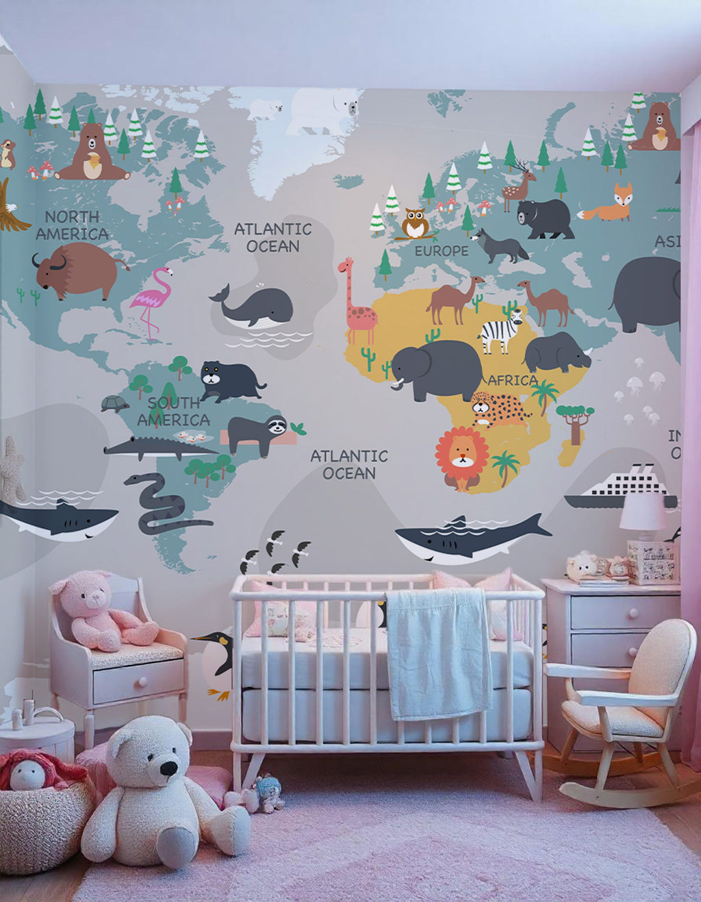 Animal World Map Wallpaper : Grey Kids Map with Penguins Mural - View 4