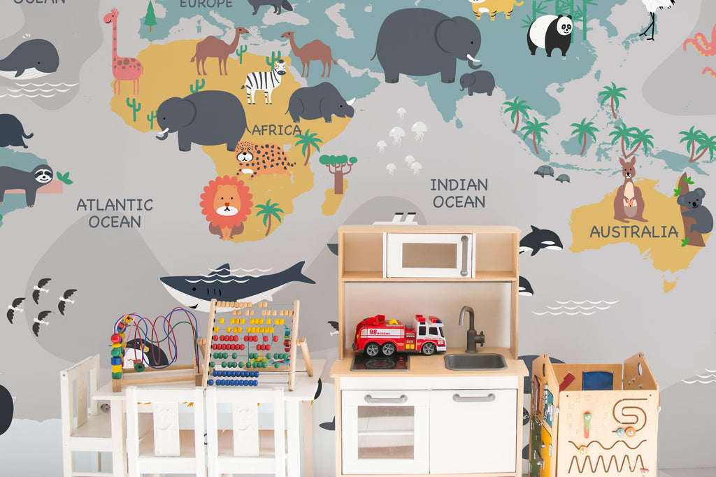 Animal World Map Wallpaper : Grey Kids Map with Penguins Mural - View 5