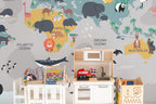Animal World Map Wallpaper : Grey Kids Map with Penguins Mural - View 5