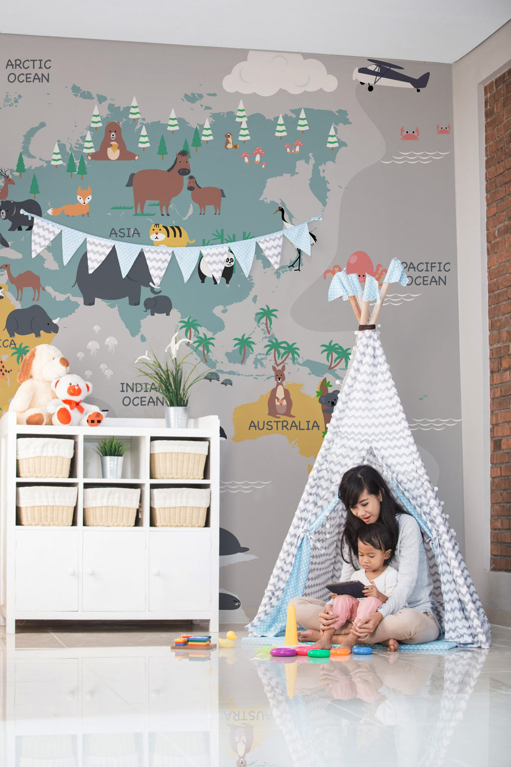 Animal World Map Wallpaper : Grey Kids Map with Penguins Mural - View 2
