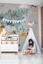 Animal World Map Wallpaper : Grey Kids Map with Penguins Mural - View 2