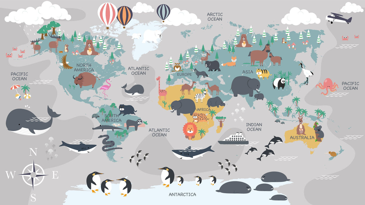 Animal World Map Wallpaper : Grey Kids Map with Penguins Mural - flat design