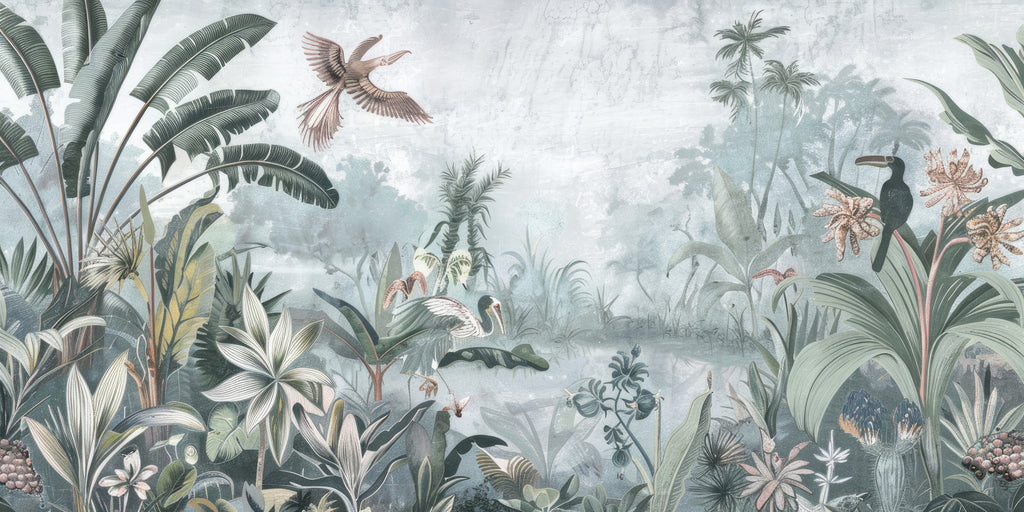 Misty Tropical Wallpaper : Soft Jungle with Toucan Mural - flat design