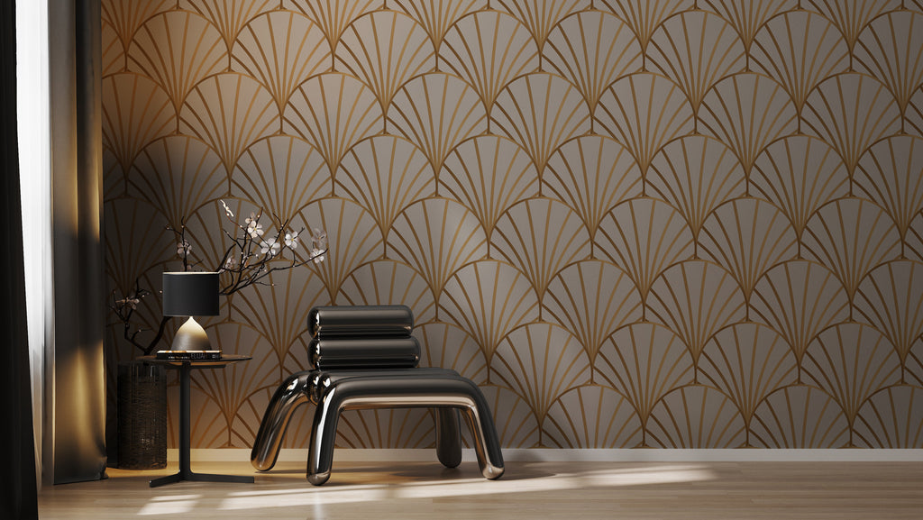 Gold Fan Wallpaper : Art Deco Shell Pattern on Ivory Mural - View 2