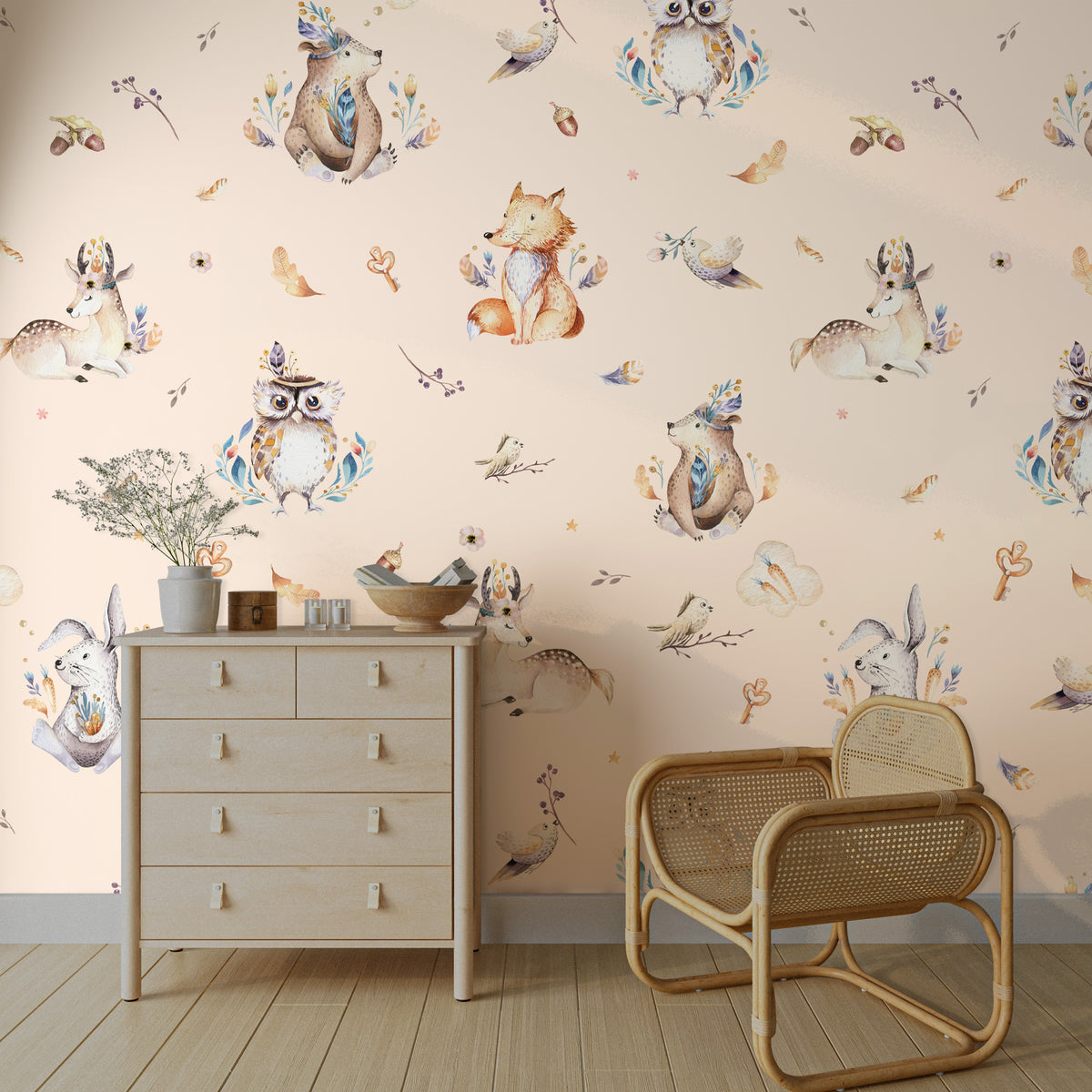 Watercolor Forest Animals Wallpaper : Bear, Fox and Owl Nursery Pattern Mural - View 2
