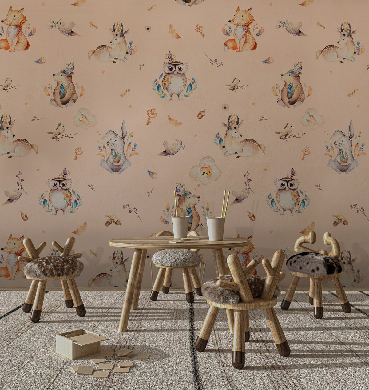 Watercolor Forest Animals Wallpaper : Bear, Fox and Owl Nursery Pattern Mural - View 4